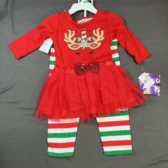 Blueberi Boulevard 2 Piece Christmas Red Reindeer Unicorn Dress /Girls 2T Sequin - Picture 1 of 15